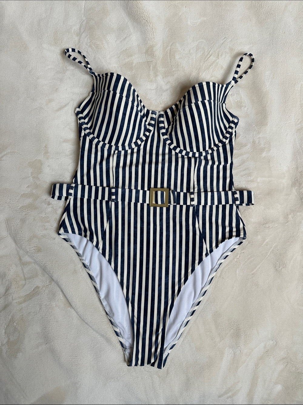 Striped Navy & White One-Piece Swimsuit with Belt